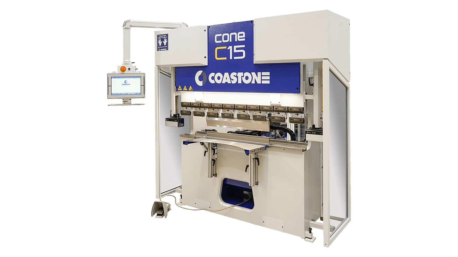 The CoastOne Cone C15 at three-quarters — the tooling beam, side guards and the suspended touchscreen console