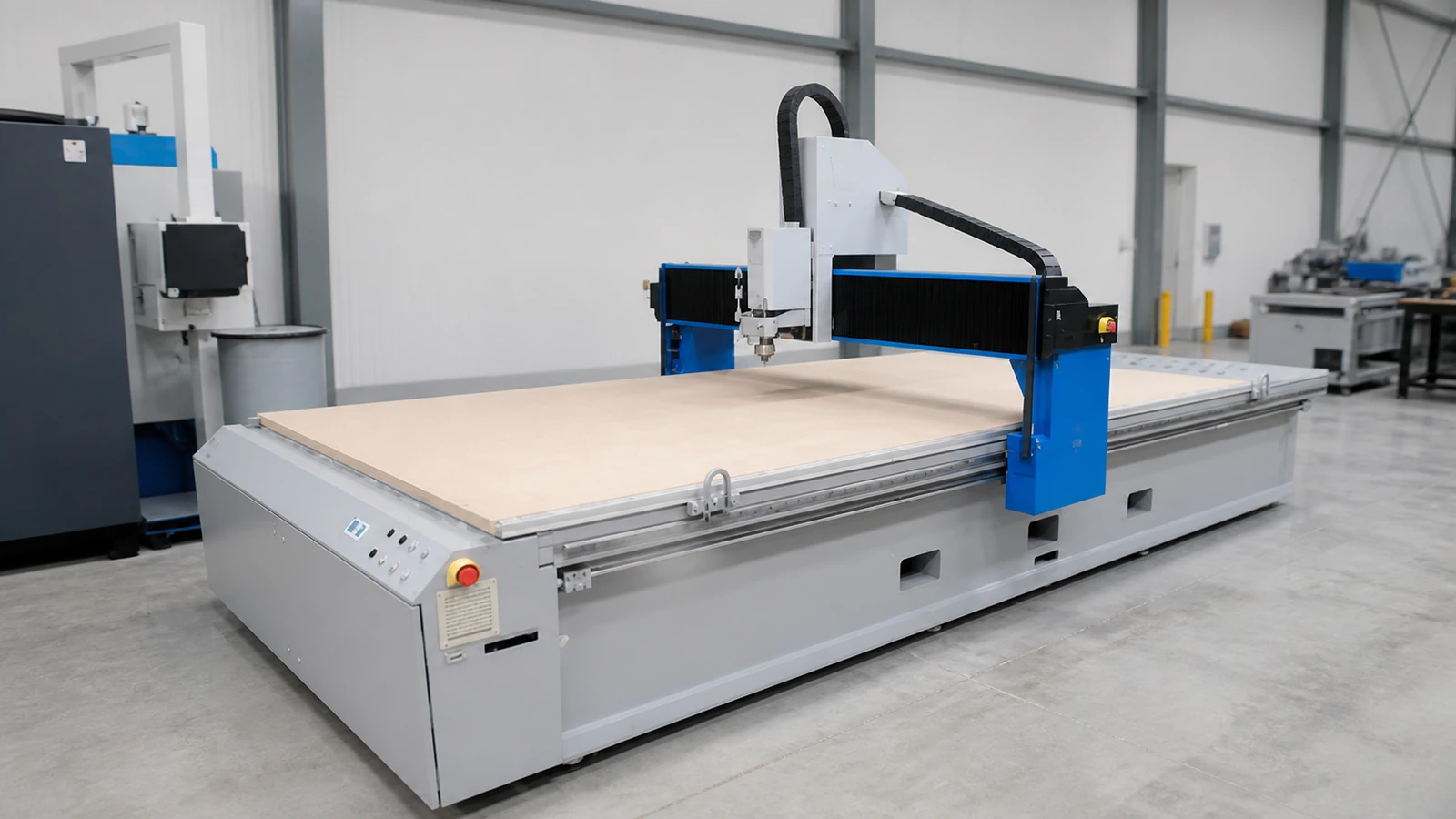 The gantry 3-axis CNC router in the workshop, an MDF panel on the bed and the spindle on the gantry