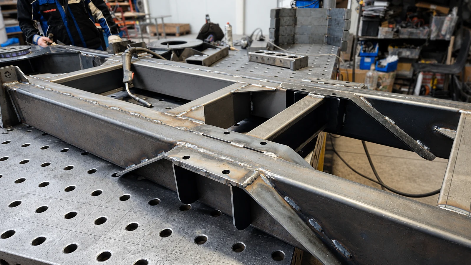 A welded steel chassis on a perforated welding table, a welder with a torch in the background