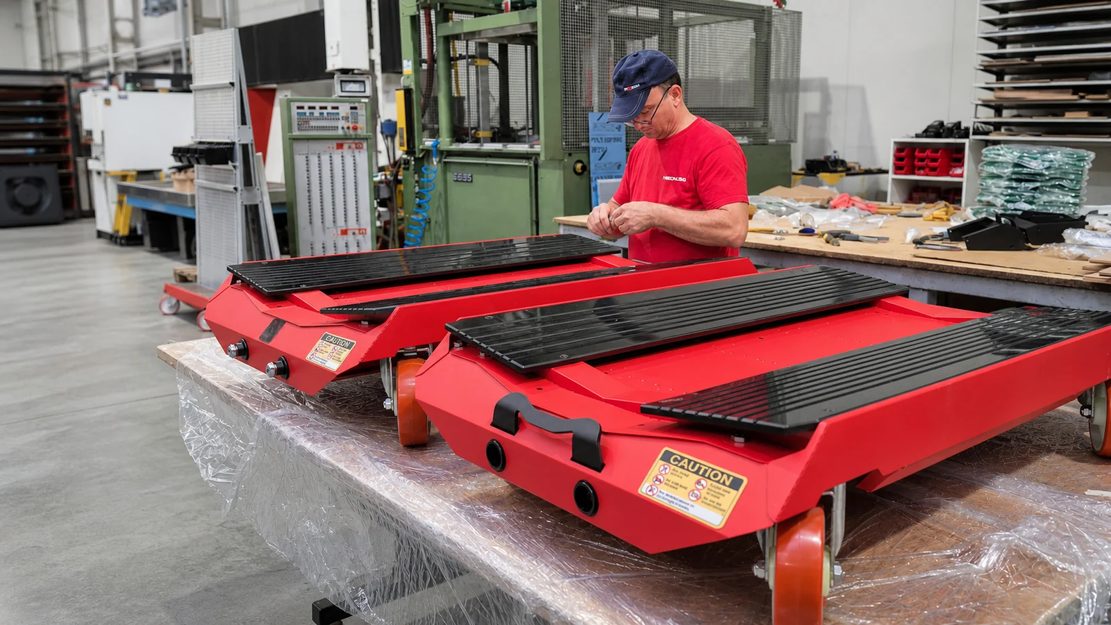A worker assembling two red NEON SMART carts with black slatted decks