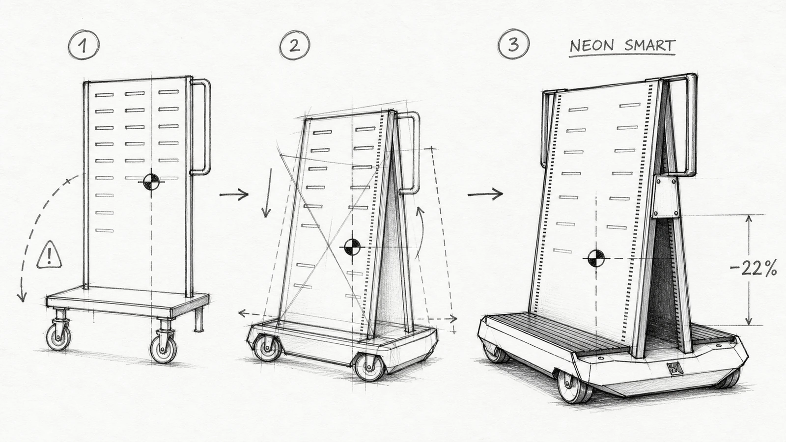An engineering sketch in three steps: a tall trolley with exposed casters, an intermediate version, and the final NEON SMART with wheels housed in the body and a 22% lower centre of gravity
