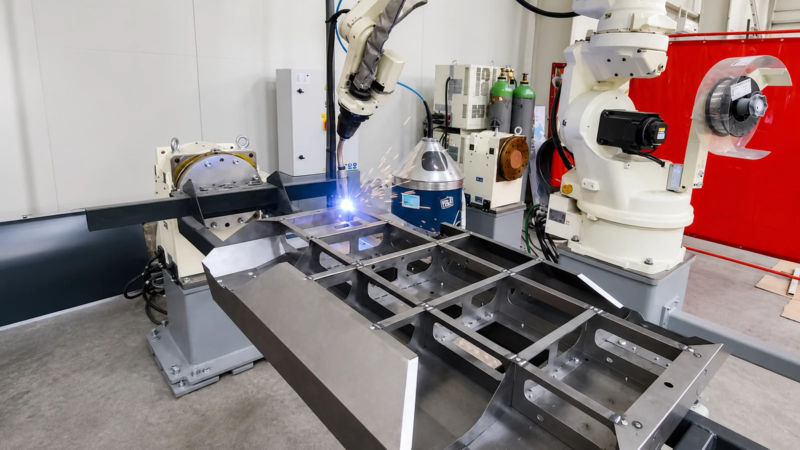 The robot welding a long steel frame clamped in the positioner, a wire spool beside it