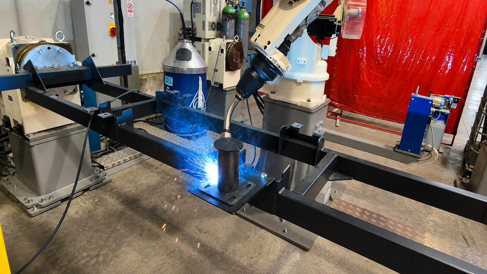 The robot welding a round tube onto a square flange on a black frame