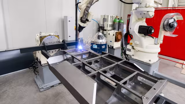 The robot welding a long steel frame clamped in the positioner, a spool of welding wire beside it
