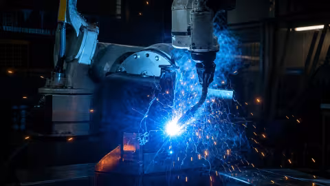A robotic arm welding a metal part, with a bright blue arc and sparks