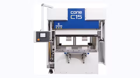 The CoastOne Cone C15 press brake from the front, with its blue cabinet and control panel on a swing arm