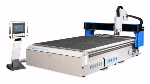 Catalogue view of the MECANUMERIC MECAPRO 4020 3-axis CNC router with vacuum table and console on a stand