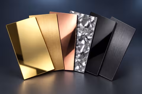 Six designer sheet metal finishes — mirror and brushed gold, copper, textured silver, black and graphite