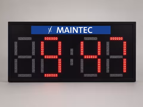 Close-up of the bright LED display on a NEON.BG facade clock